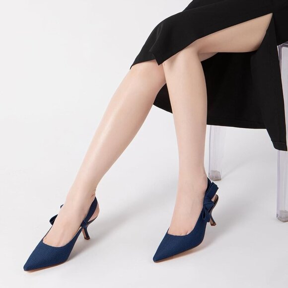 🆕Women's Navy Fabric Sling back Kitten Heels Closed Pointed Toe Bowknot Pumps - Picture 4 of 6